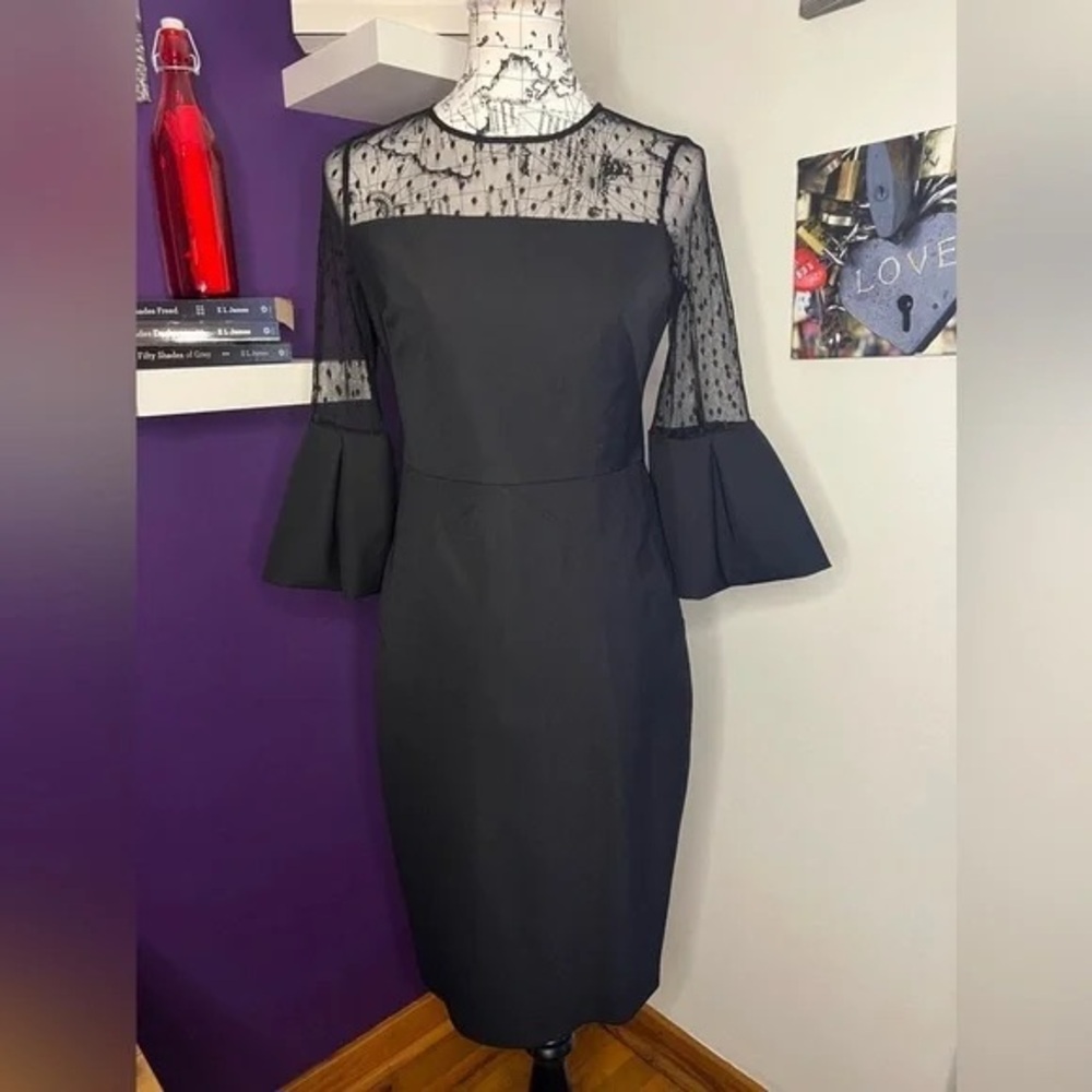 Eliza J Black Dress with Sheer Polka Dot Sleeves